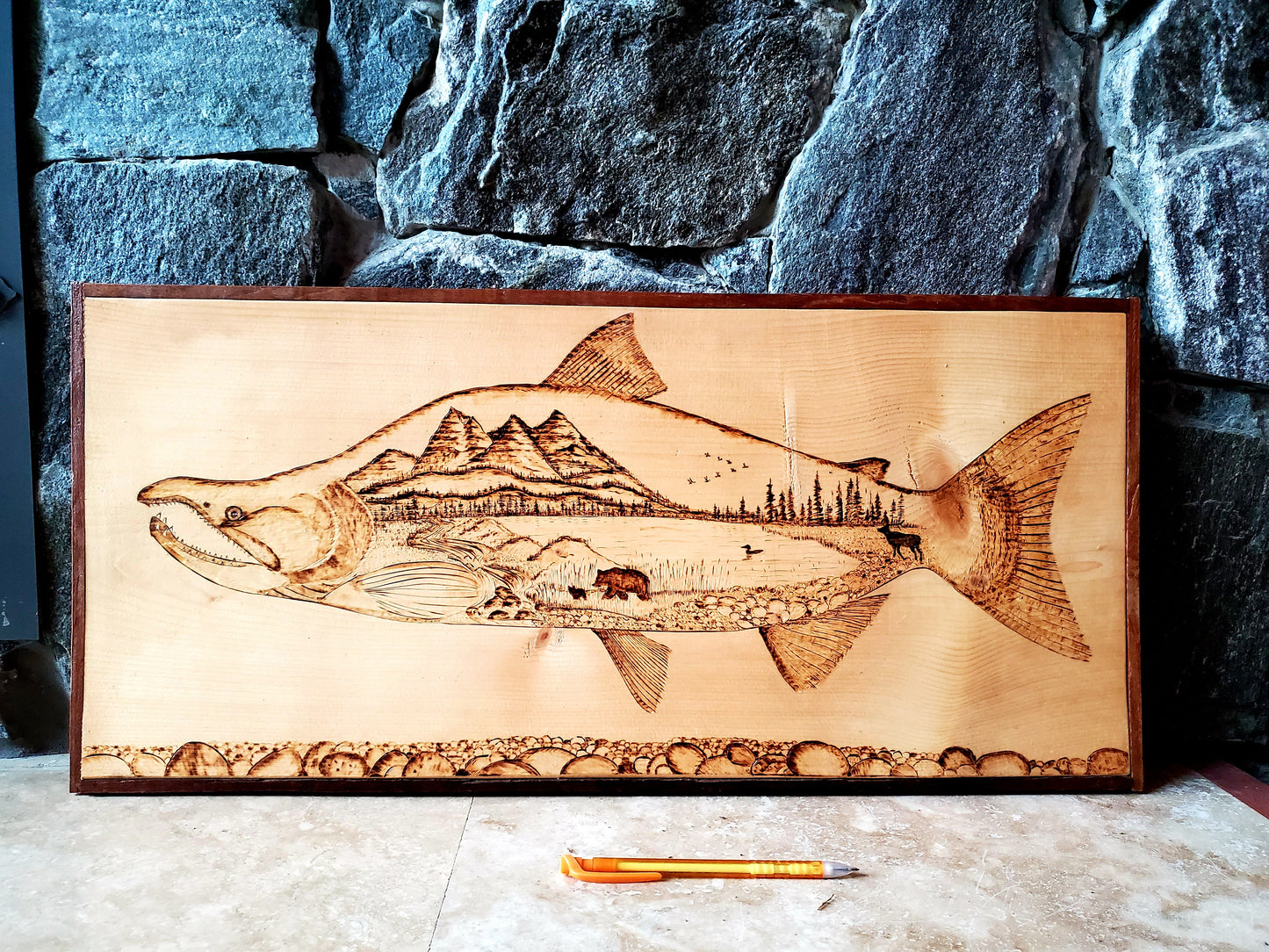 Wood burning on Pine - Sockeye Salmon