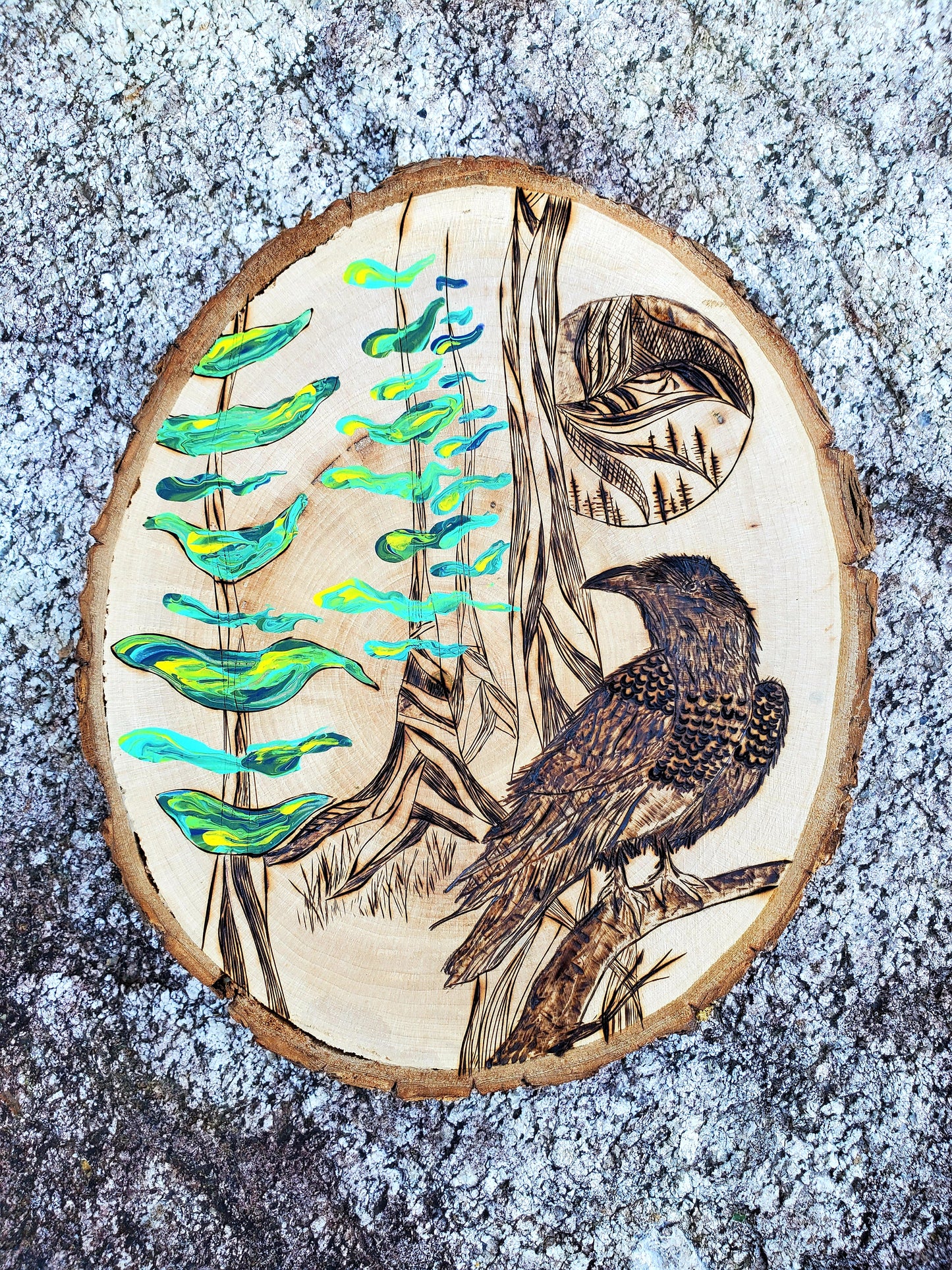 Wood burning on red alder - Raven