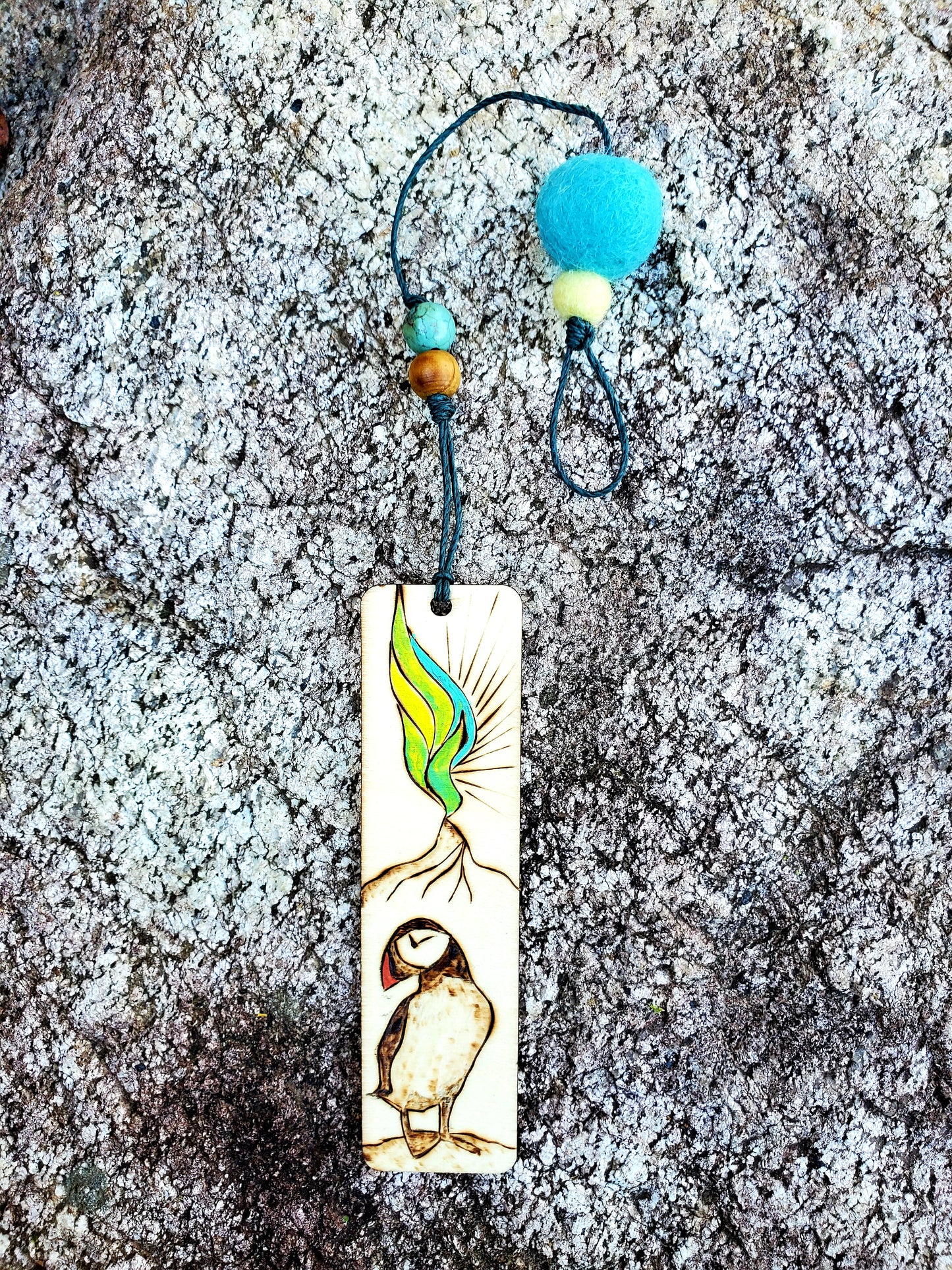 Wooden bookmark - Puffin and Northern Lights
