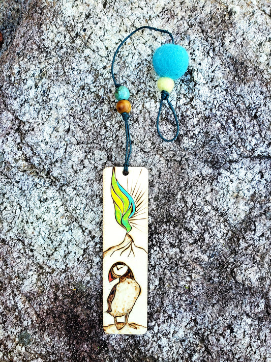 Wooden bookmark - Puffin and Northern Lights