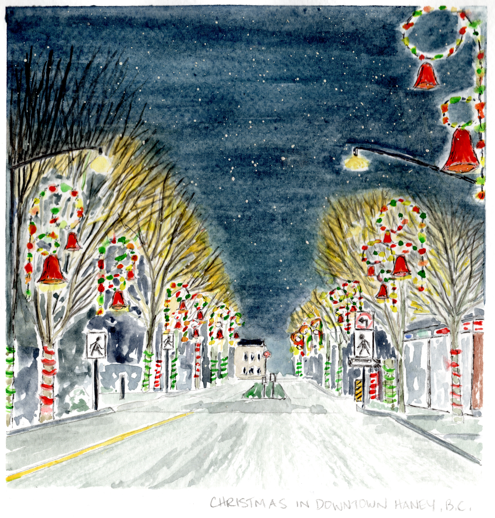 Watercolor Print - Christmas in Downtown Haney